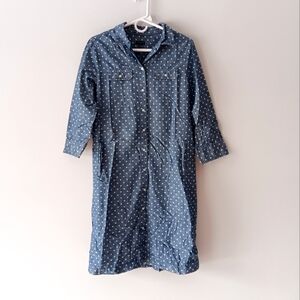 Talbots 100% Cotton Shirt Dress Polka Dot Blue White Button Front Pockets Size 8